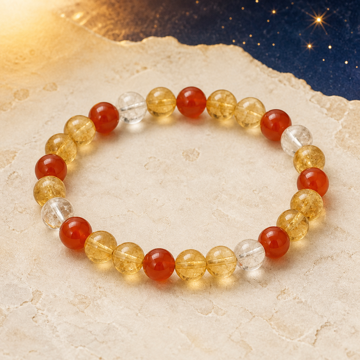 Bracelet Chemin de Vie 3 – Citrine, Cornaline & Cristal de roche sur fond ivoire et céleste