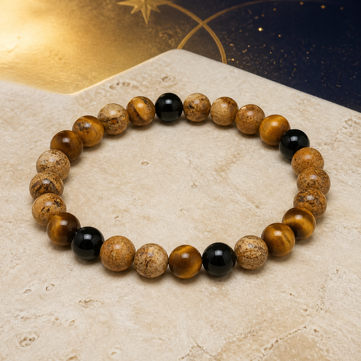 Bracelet Chemin de Vie 4 – Jaspe paysage, Œil de tigre & Onyx noir sur fond ivoire et céleste