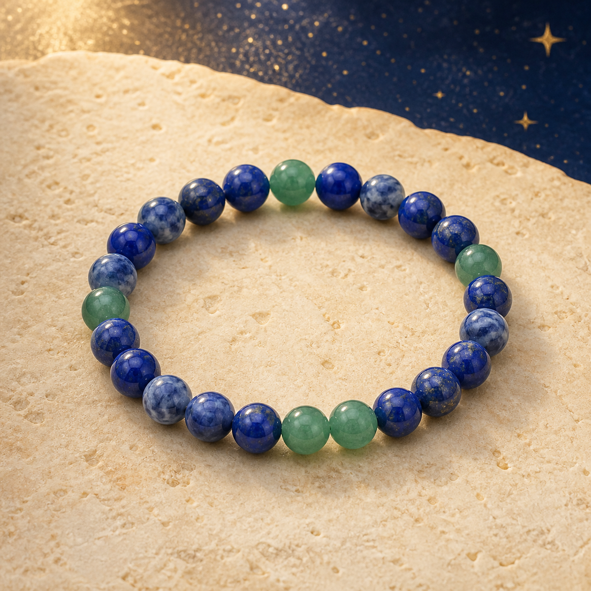 Bracelet Chemin de Vie 5 – Lapis-lazuli, Sodalite & Aventurine verte sur fond ivoire et céleste