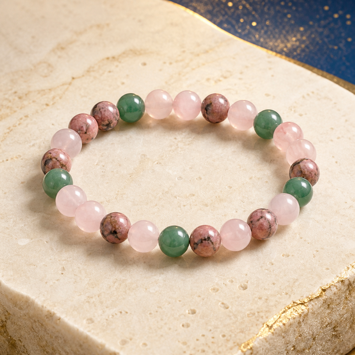 Bracelet Chemin de Vie 6 – Quartz rose, Rhodonite & Aventurine verte sur fond ivoire et céleste