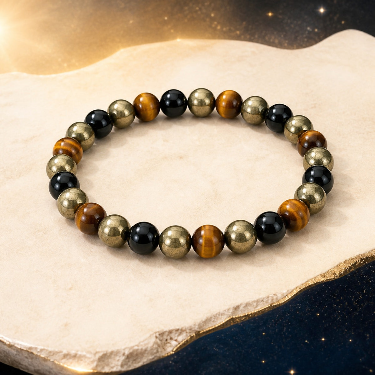 Bracelet Chemin de Vie 8 – Pyrite, Œil de tigre & Obsidienne noire