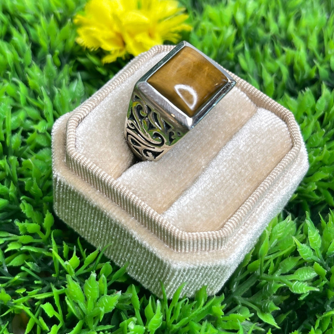 Chevalière argent 925 œil de tigre carrée numéro 4 My Roller Stone