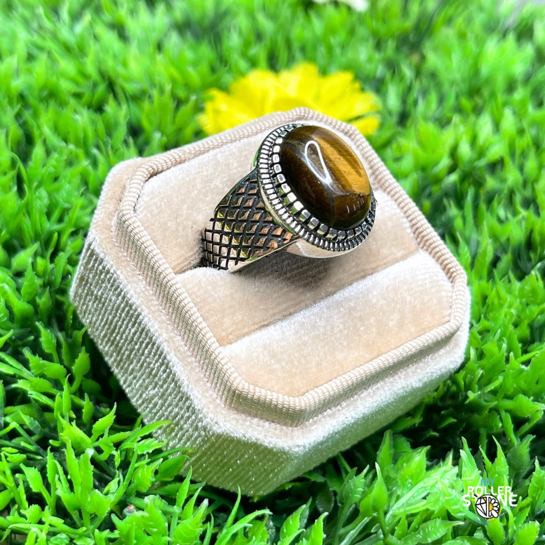 Chevalière Argent Oeil de Tigre Damier #1