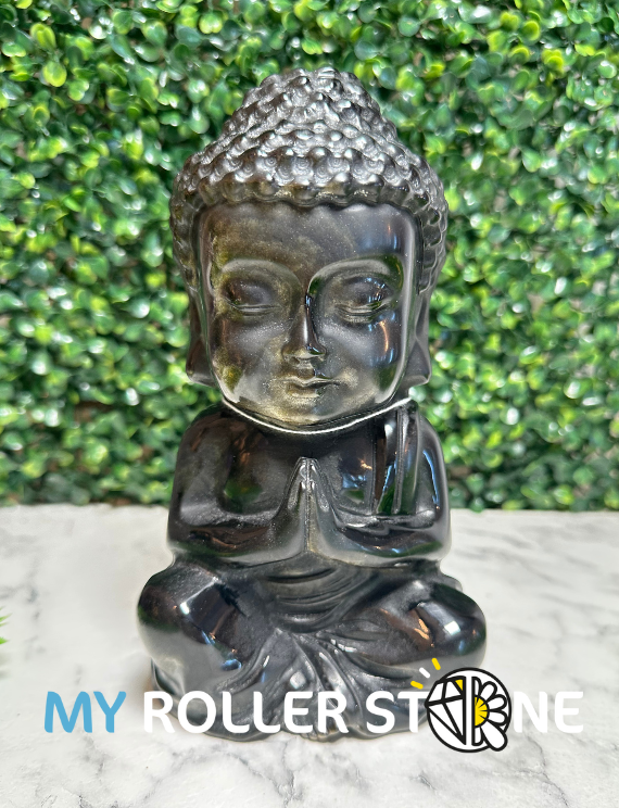 Grand Bouddha en Obsidienne dorée