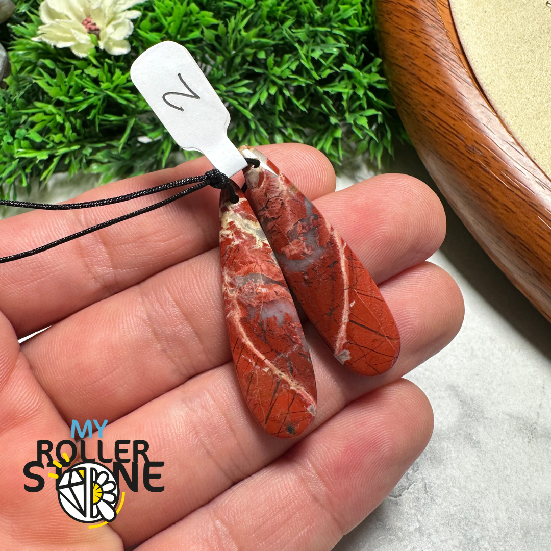 Paire de Cabochons percées Jaspe rouge Arc-en-Ciel goutte - 2 - Breloques et pendentifs