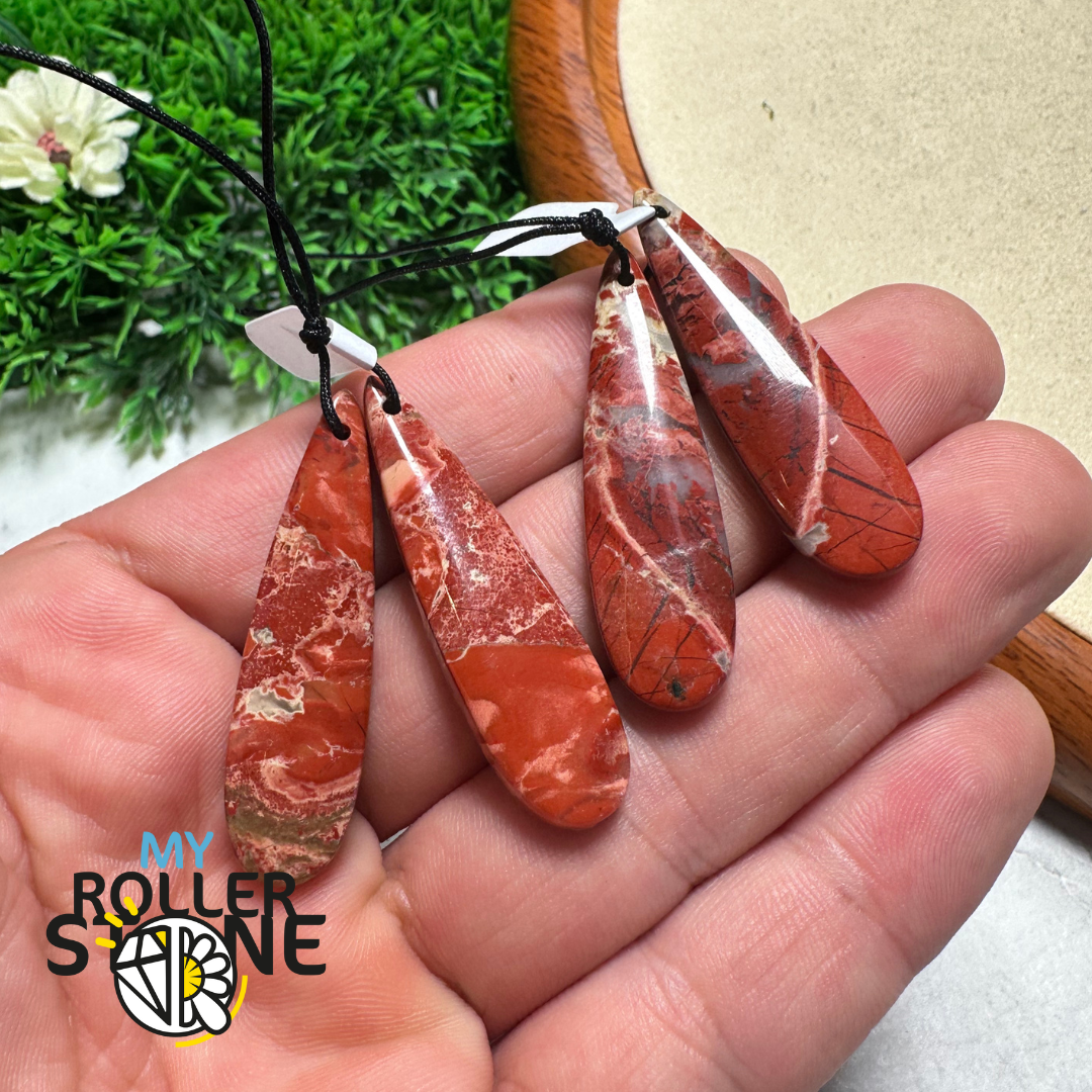 Paire de Cabochons percées Jaspe rouge Arc-en-Ciel goutte - 2 - Breloques et pendentifs