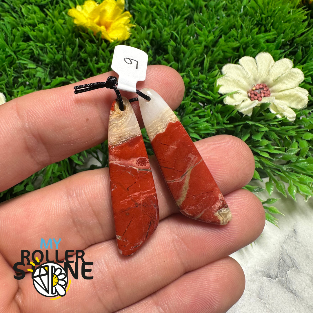 Paire de Cabochons percées Jaspe rouge Arc-en-Ciel pendante - 9 - Breloques et pendentifs