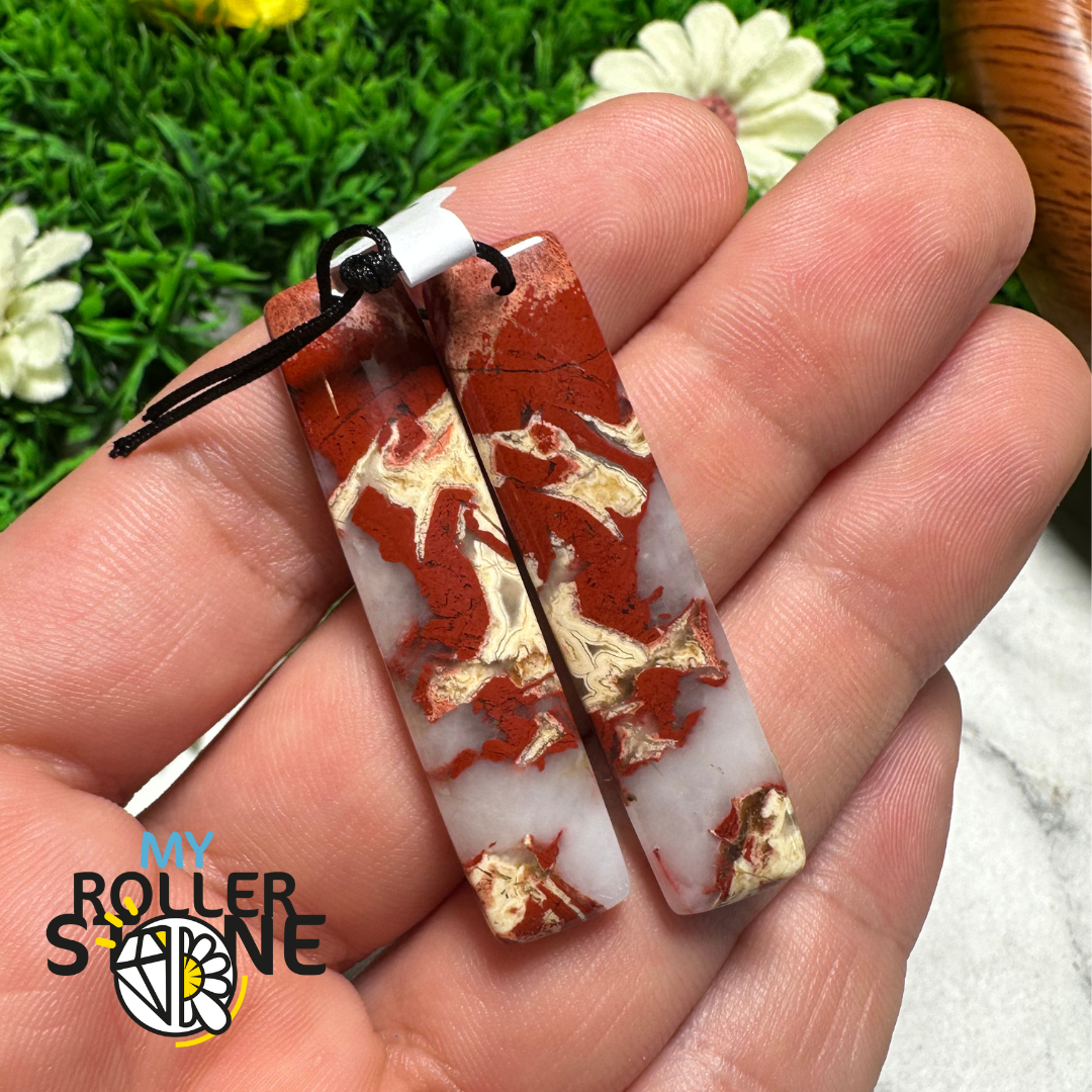 Paire de Cabochons percées Jaspe rouge Arc-en-Ciel rectangulaire - Breloques et pendentifs