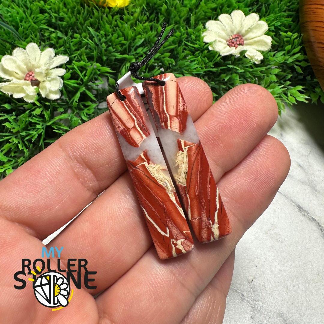 Paire de Cabochons percées Jaspe rouge Arc-en-Ciel rectangulaire - Breloques et pendentifs