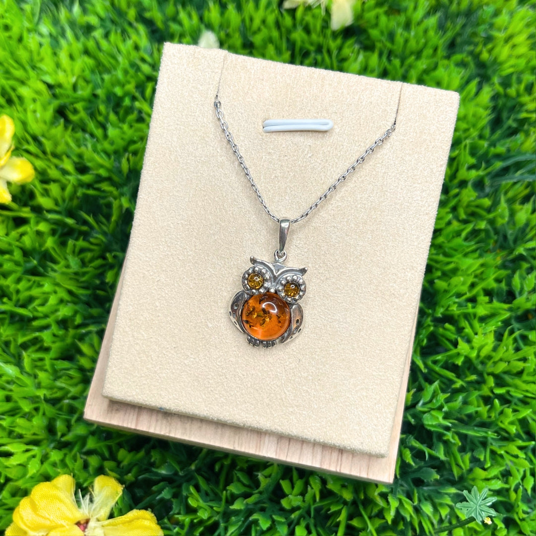 Pendentif Ambre Cognac Hibou