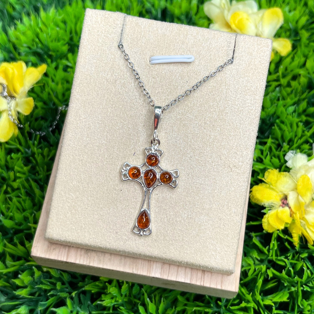 Pendentif Ambre Croix en Argent