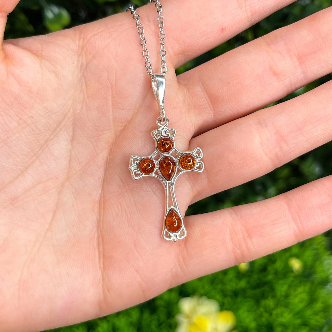 Pendentif Ambre Croix en Argent