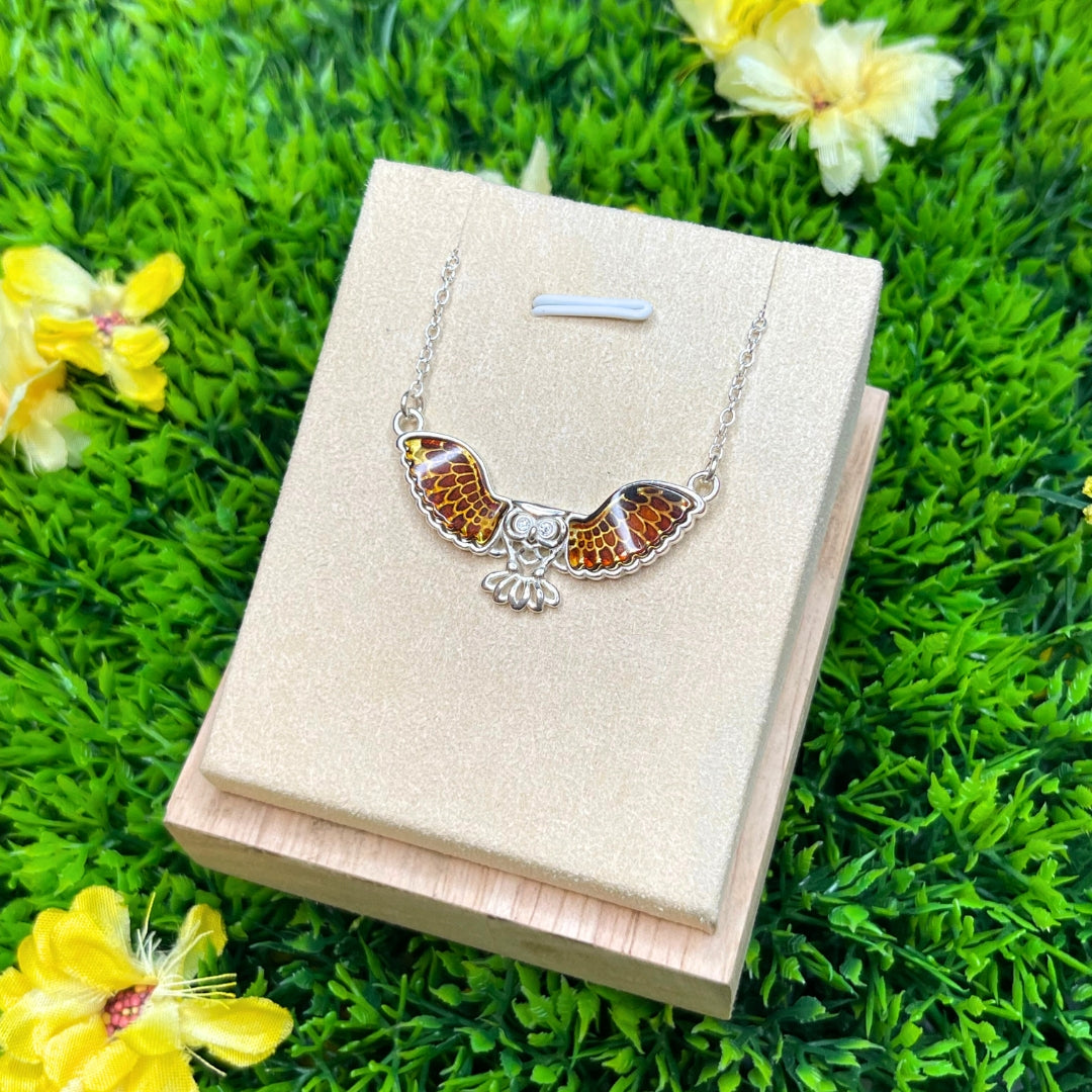 Pendentif Ambre Hibou (avec chaîne argent)