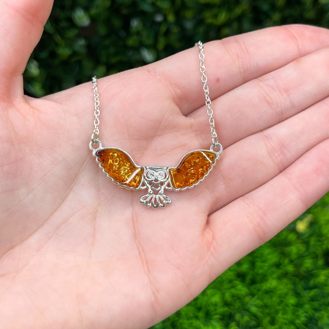 Pendentif Ambre Cognac Hibou 