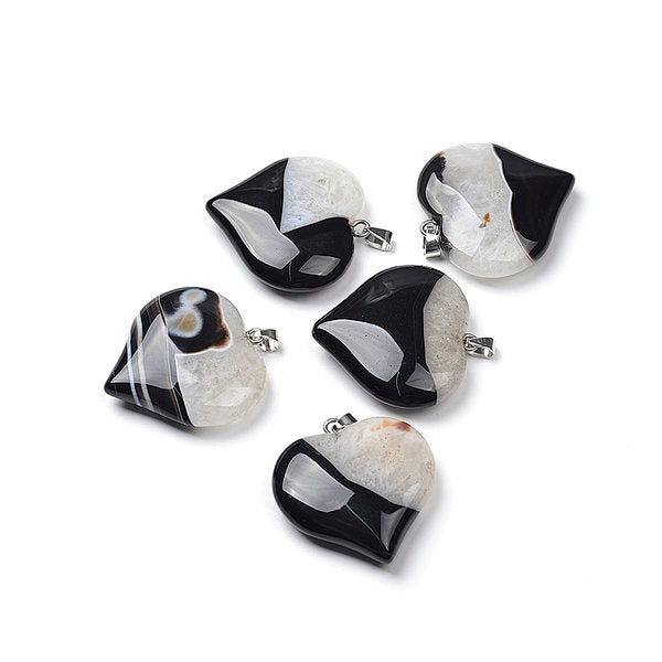 Pendentif Coeur Agate Noire et Cristal de Roche