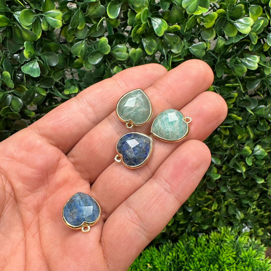 Pendentif Coeur Serti (Lapis Amazonite et Quartz Rose) - Perles