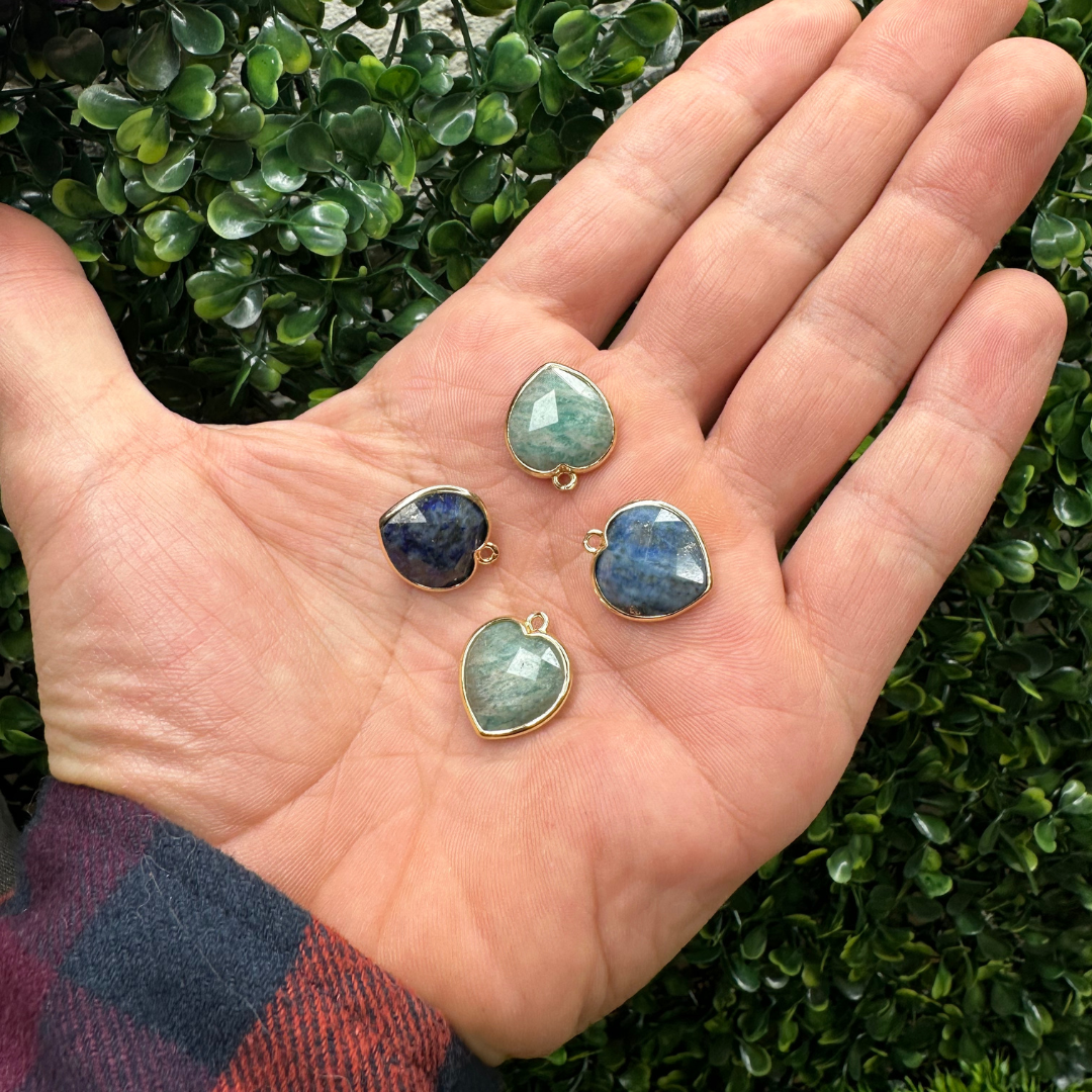 Pendentif Coeur Serti (Lapis Amazonite et Quartz Rose) - Perles