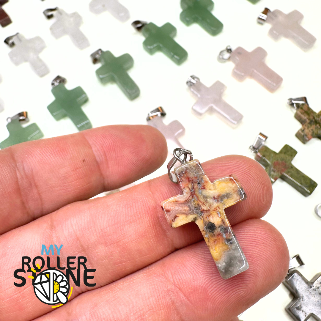 Pendentif Croix plat - Agate Crazy lace - Breloques et pendentifs