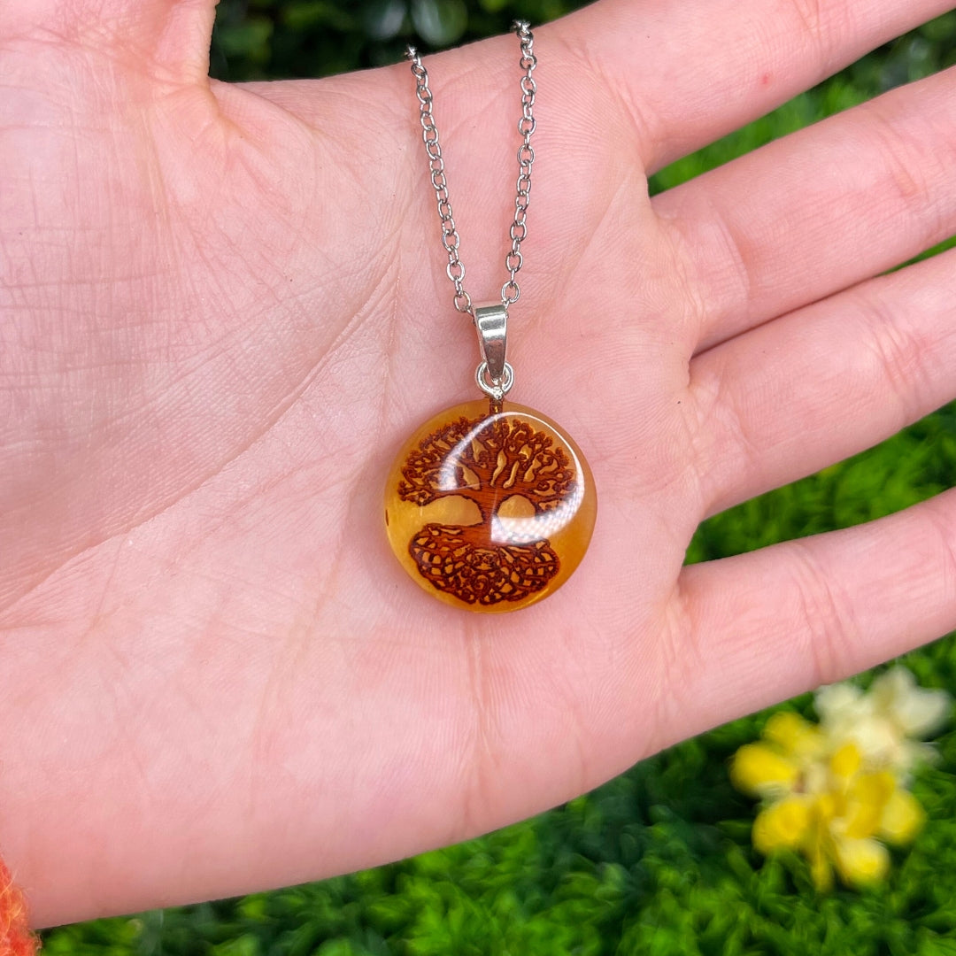 Pendentif Rond Ambre Arbre de Vie