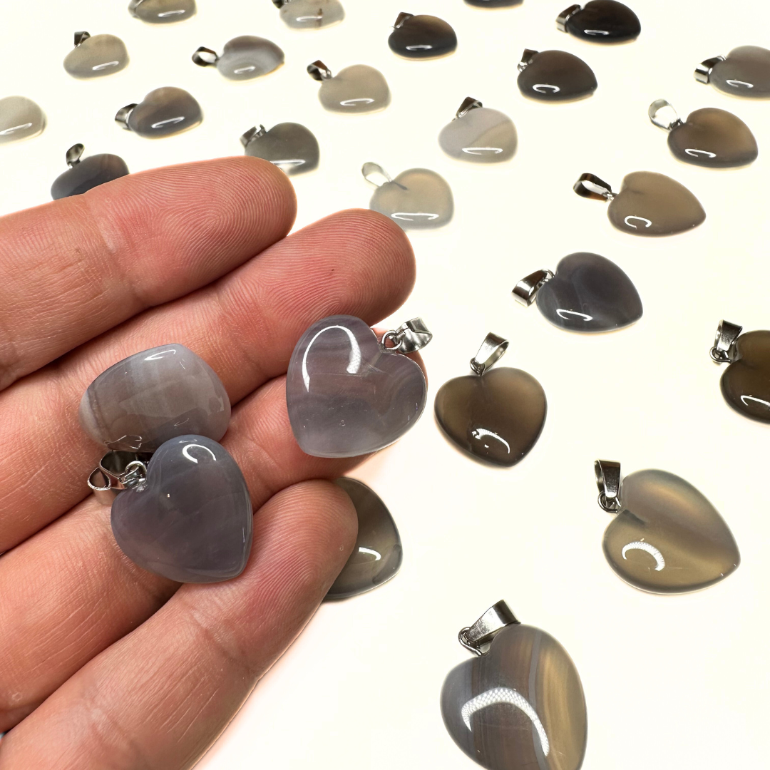 Pendentifs coeur plat (10 variantes) - Agate grise - Breloques et pendentifs