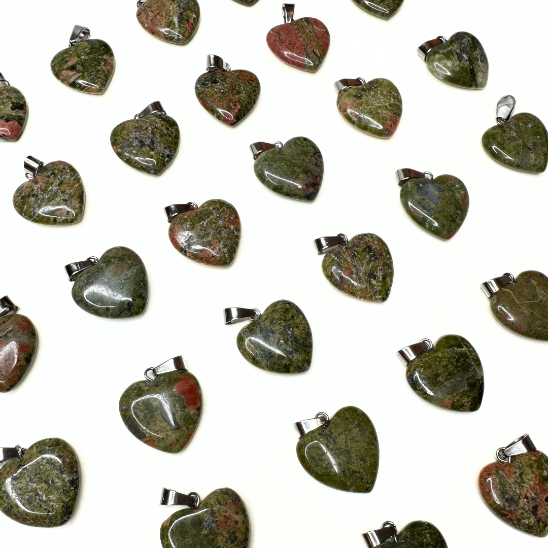 Pendentifs coeur plat (10 variantes) - Unakite - Breloques et pendentifs