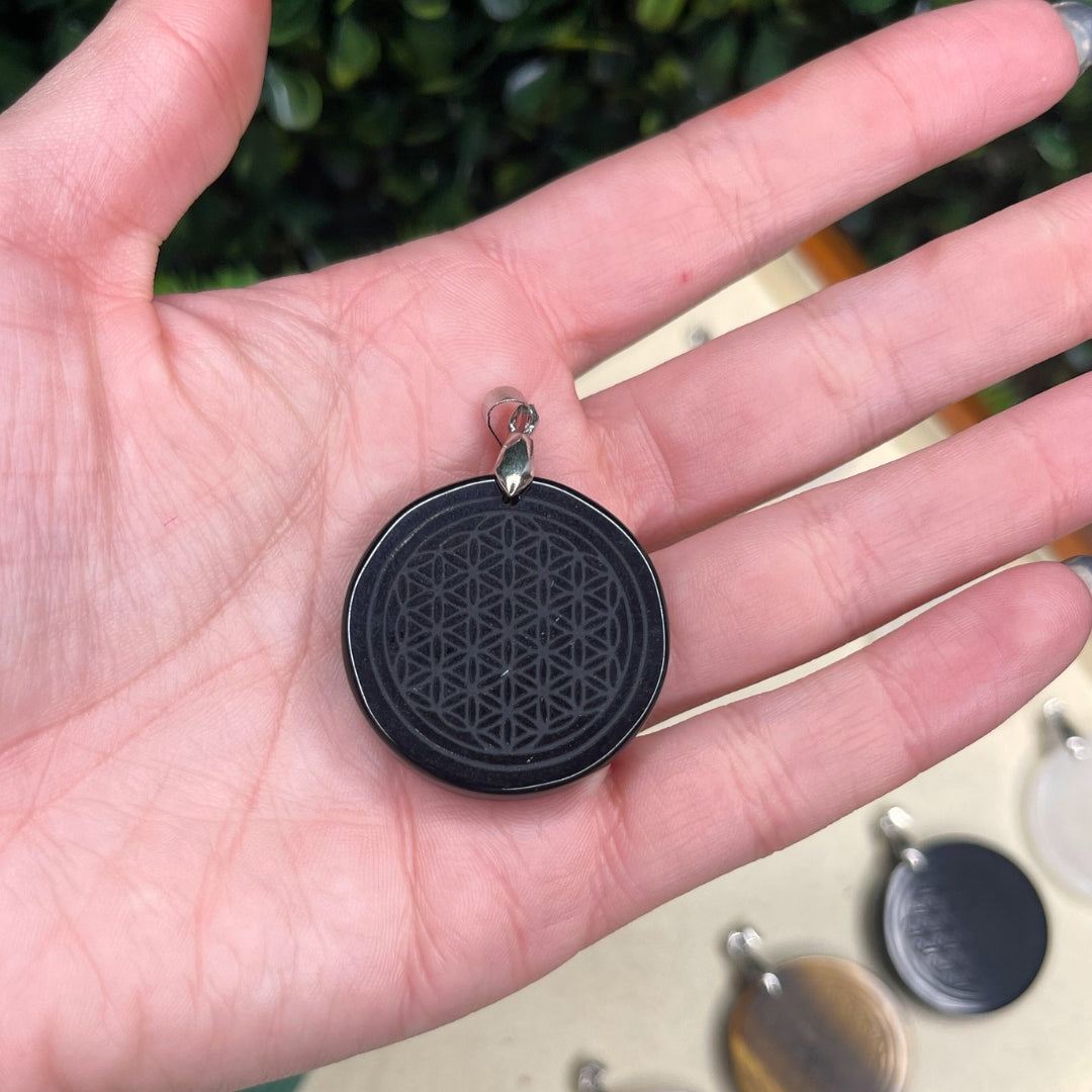 Pendentifs fleur de vie pierre Obsidienne Noire