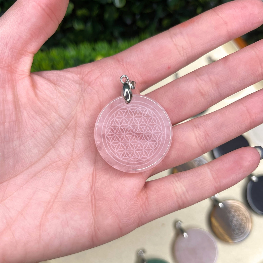 Pendentifs fleur de vie pierre Quartz Rose