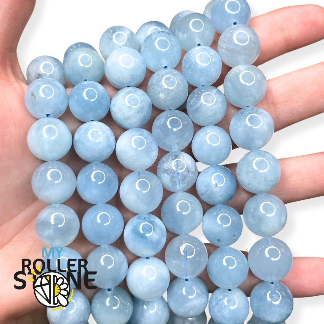 Bracciale Con Perline Di Acquamarina Blu Cielo Da 13 Mm, Brasile, Grado A , Autentica Pietra Preziosa Rotonda Naturale, 7,5" (112032h-3467) - Italia - Foto 5
