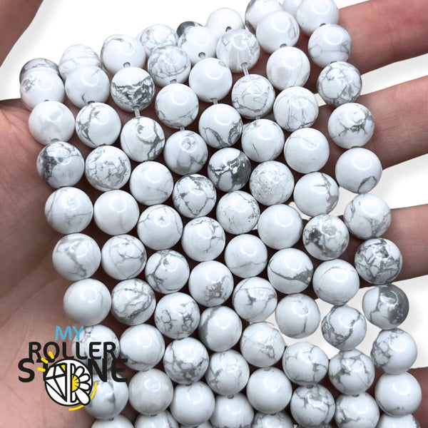 Fil de perles naturelles en howlite blanche veinée
