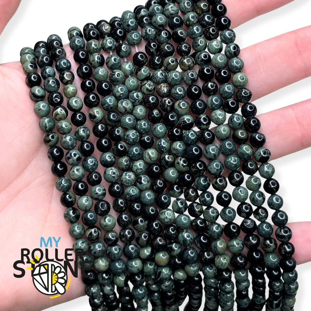 10 Perles En Jaspe Paysage - Gris Noir Mat, Sablé Givré, Boules 8mm - Pour Création De Bijoux