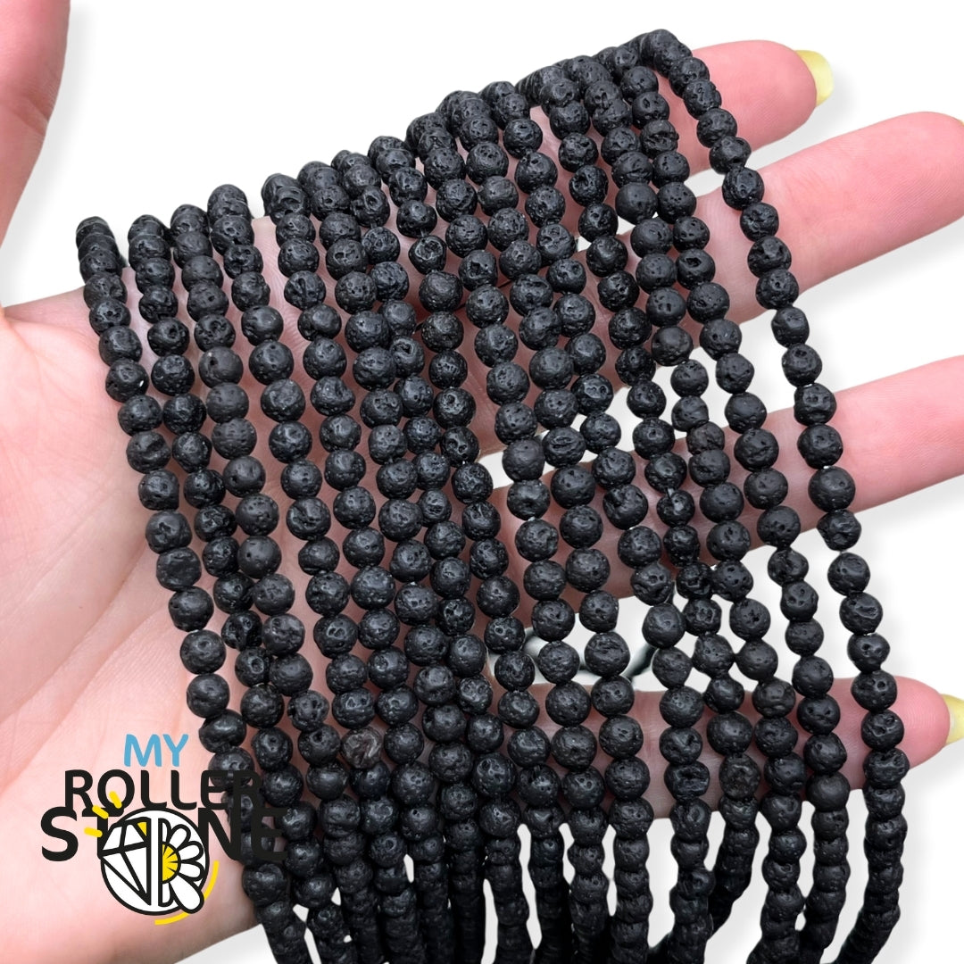 Petites perles en pierre de lave noire de 4 mm