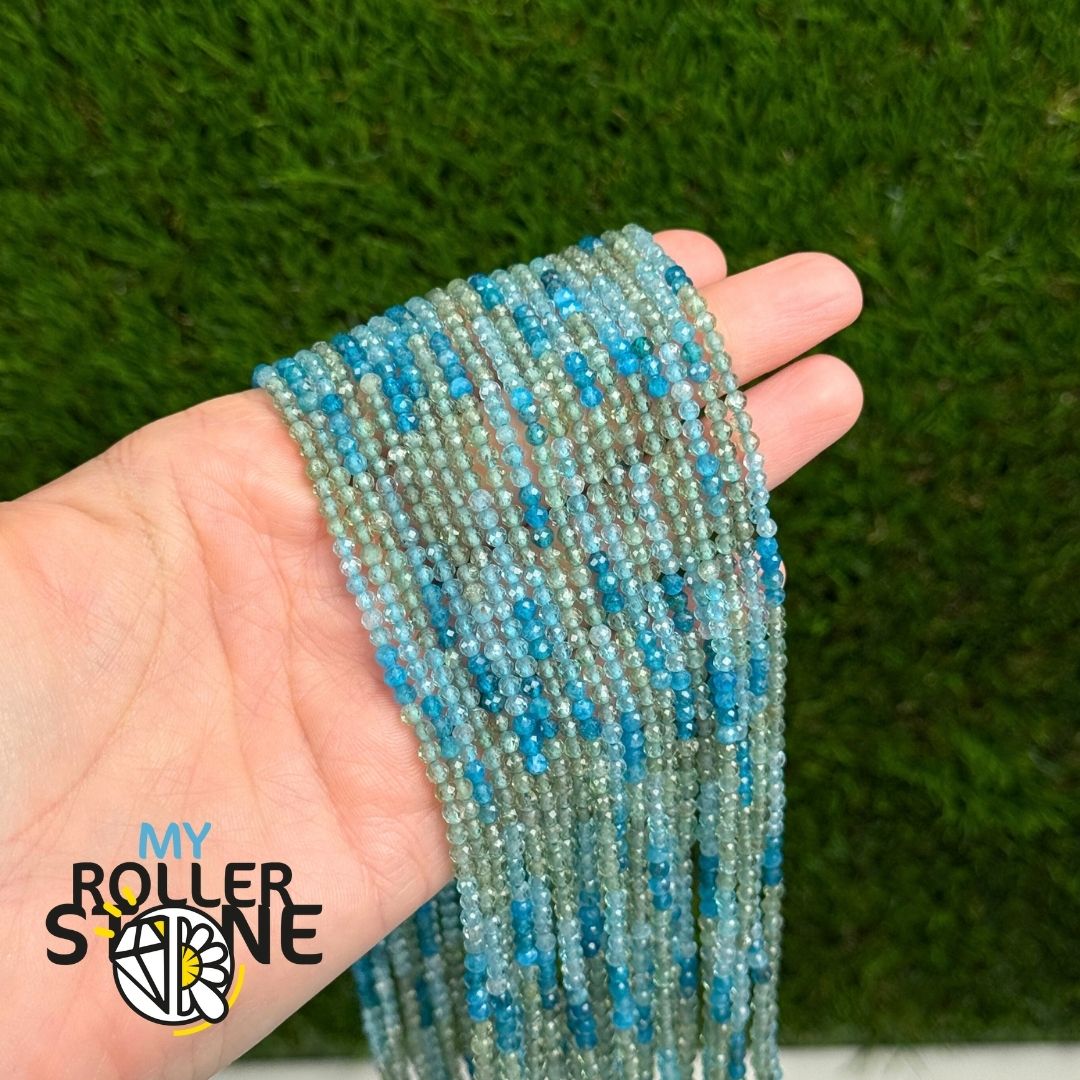 Perles rondes facettées en Apatite graduée 3 mm (bleu, vert, bleu clair)