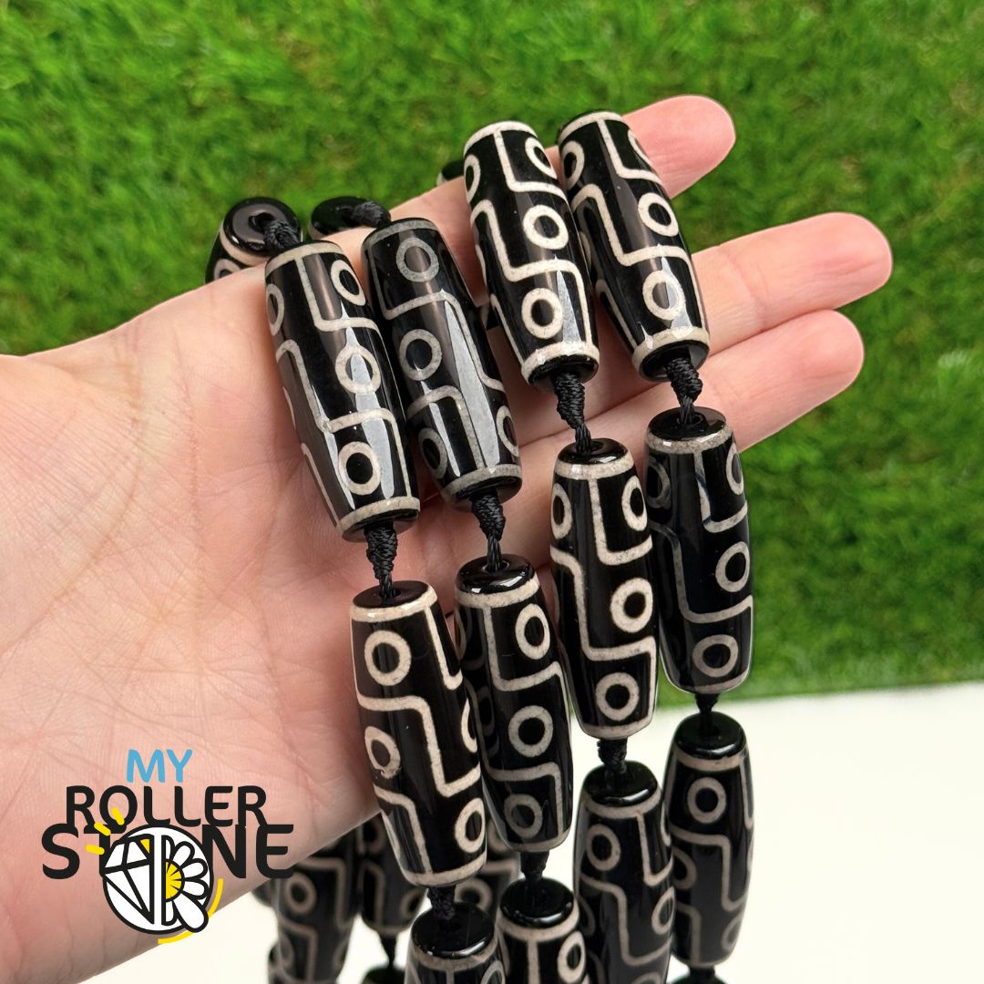 Perles Tibétaines Allongées Style Dzi Noire