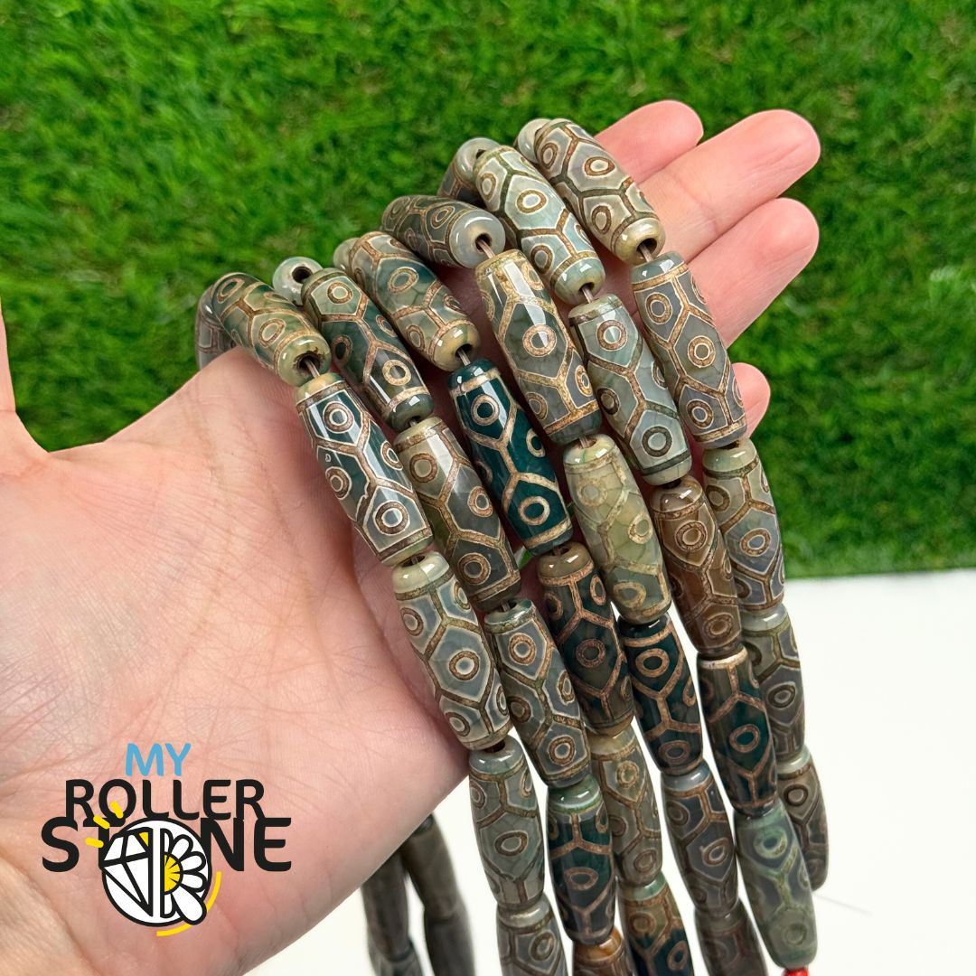 Perles Tibétaines Allongées Style Dzi Verte et Marron