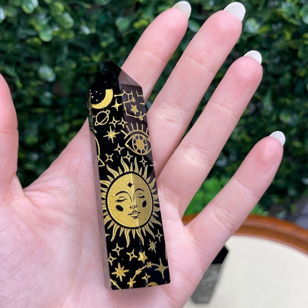 Pointe Obsidienne Noire avec Motif - Pierres et fossiles