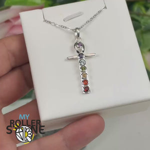 Pendentif Croix Ankh Égyptienne 7 Chakras en Argent 925 et Pierres Naturelles